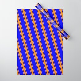 [ Thumbnail: Blue and Dark Orange Colored Lined/Striped Pattern Wrapping Paper ]