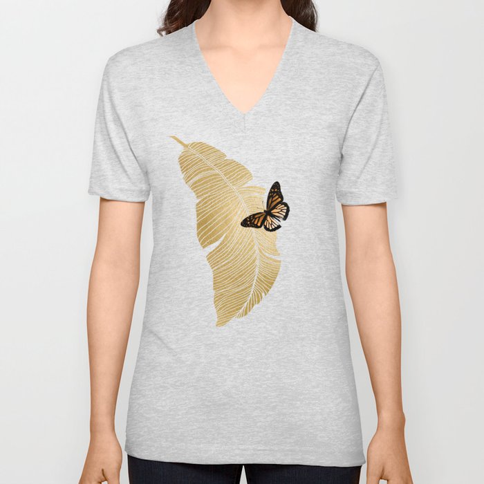 Butterfly & Palm Leaf, Gold Wall Art V Neck T Shirt