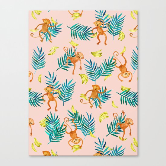 Tropical Monkey Banana Bonanza on Blush Pink Canvas Print