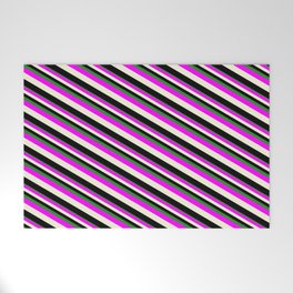 [ Thumbnail: Forest Green, Fuchsia, Beige, and Black Colored Lined/Striped Pattern Welcome Mat ]