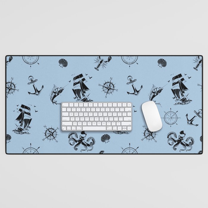 Pale Blue And Black Silhouettes Of Vintage Nautical Pattern Desk Mat