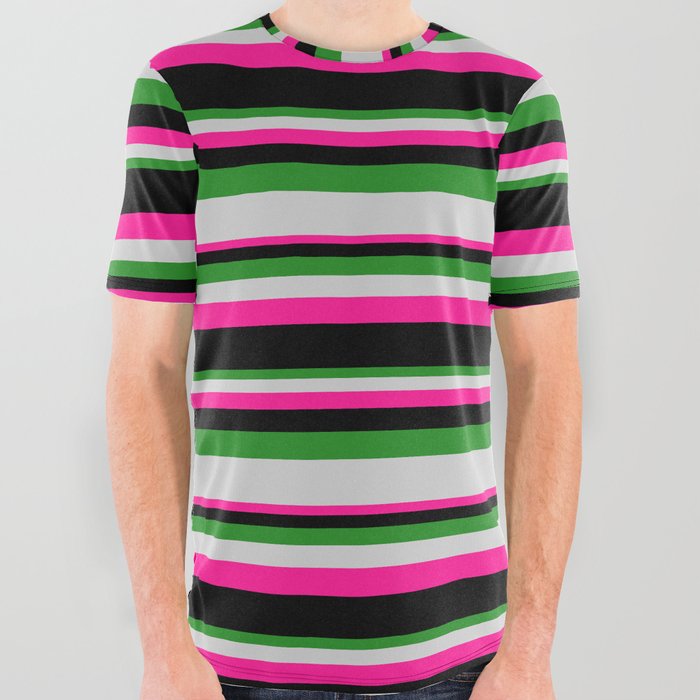 Forest Green, Light Gray, Deep Pink, and Black Colored Stripes Pattern All Over Graphic Tee
