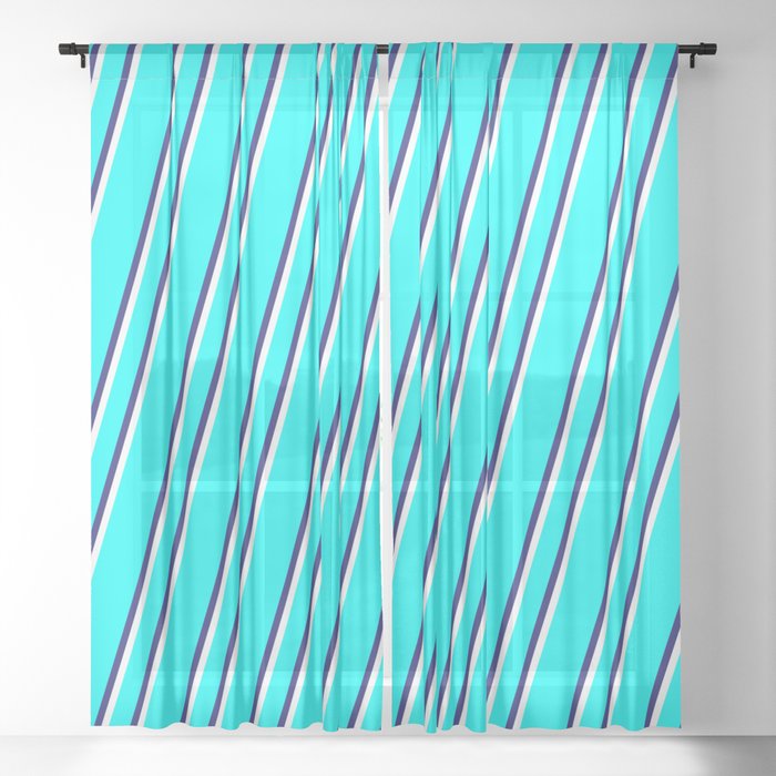 Aqua, Midnight Blue, and White Colored Stripes Pattern Sheer Curtain
