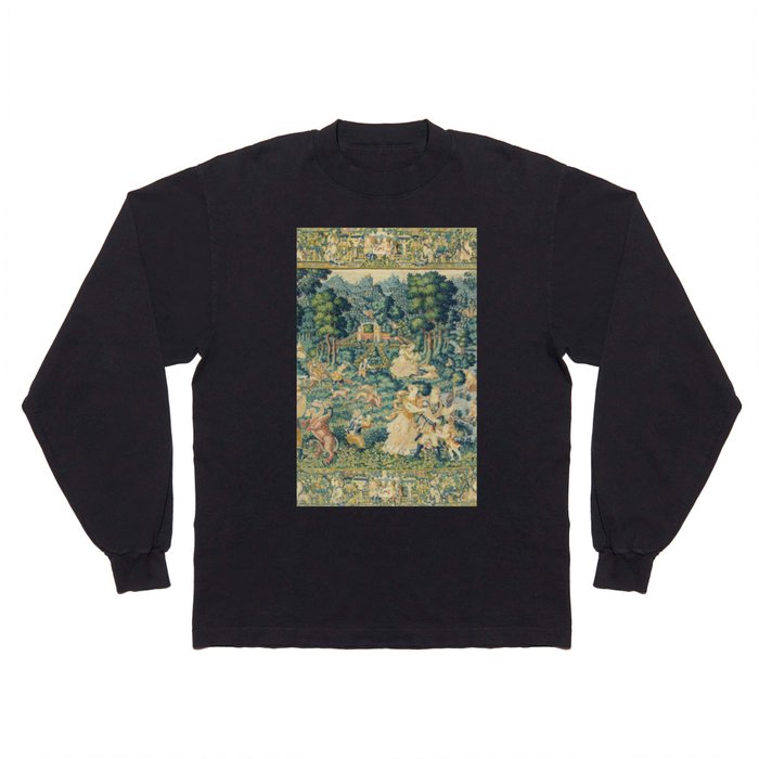Antique 17th Century Flemish Verdure Landscape Tapestry Long Sleeve T Shirt