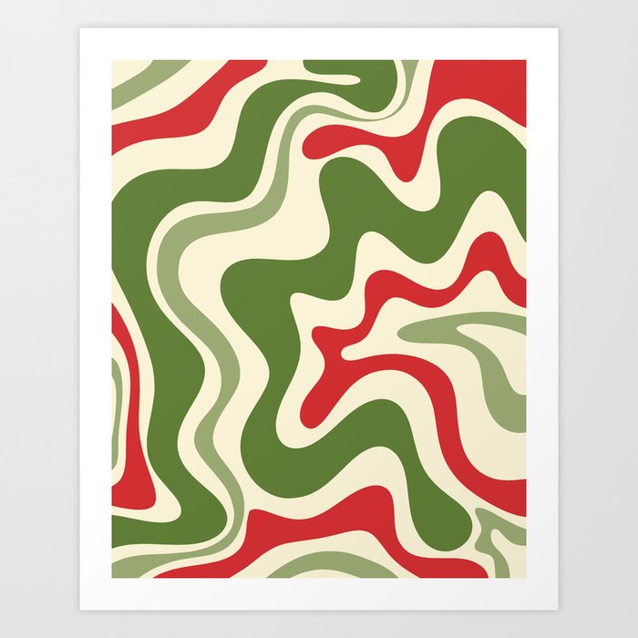 Retro Christmas Swirl Abstract Pattern in Olive Green, Sage, Xmas Red, and Cream Art Print Art Print