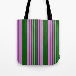 [ Thumbnail: Orchid & Dark Green Colored Striped Pattern Tote Bag ]