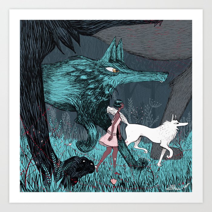 Woman Wolf wandering | magical forest/  Art Print