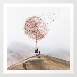 Flying Dandelion Kunstdrucke | Curated, Hotairballoon, Balloon, Landscape, Dandelion, Surrealism, Pastel, Surreal, Nature, Plant 