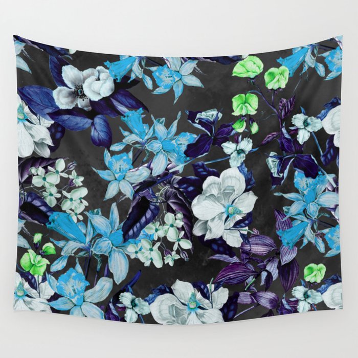 Stylish Exotic flowers and leaves garden, leaves tropical pattern, botanical green blue floral  Wall Tapestry