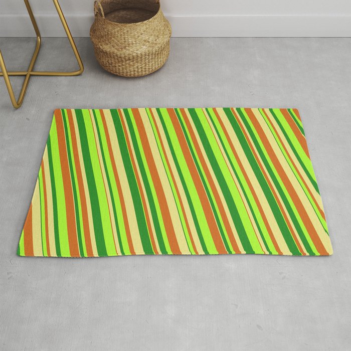 Forest Green, Tan, Chocolate, and Light Green Colored Lined/Striped Pattern Rug