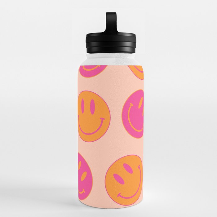 Large Pink and Orange Groovy Smiley Face Pattern - Retro Aesthetic Water  Bottle