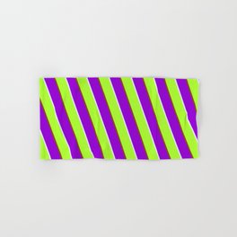 [ Thumbnail: Brown, Dark Violet, Lavender, and Light Green Colored Lines/Stripes Pattern Hand & Bath Towel ]