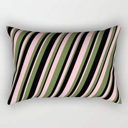 [ Thumbnail: Pink, Dark Olive Green & Black Colored Stripes Pattern Rectangular Pillow ]