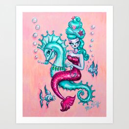 Mermaid with Candy Blue Bouffant Riding a Seahorse Art Print