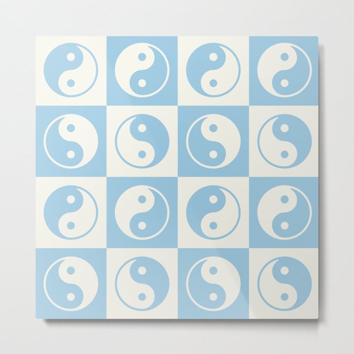 Checkered Yin Yang Pattern (Creamy Milk & Baby Blue Color Palette) Metal Print