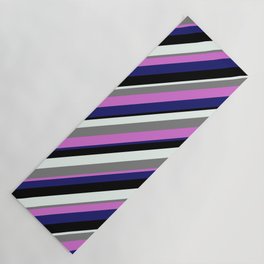 [ Thumbnail: Eye-catching Gray, Orchid, Midnight Blue, Black, and Mint Cream Colored Stripes/Lines Pattern Yoga Mat ]