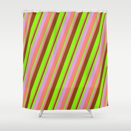[ Thumbnail: Brown, Chartreuse, Plum & Salmon Colored Stripes Pattern Shower Curtain ]