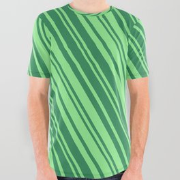 [ Thumbnail: Light Green and Sea Green Colored Lines/Stripes Pattern All Over Graphic Tee ]