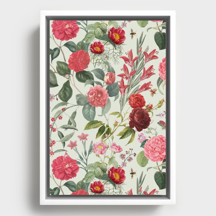 Rose Garden & Spinach White  - Lush floral pattern at pale green Framed Canvas
