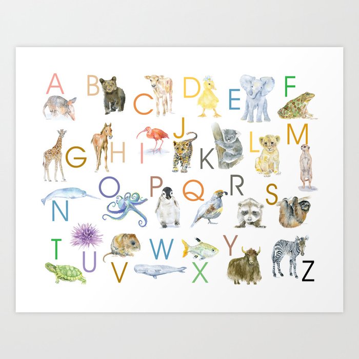 Alphabet Animals Watercolor 2 Art Print