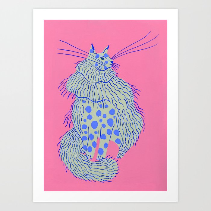 Furry cat on pink background Art Print