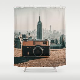 Vintage camera and the Manhattan skyline in New York City Shower Curtain