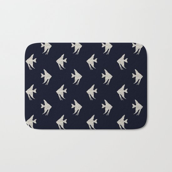 White fishes on Navy blue maritime sea design Bath Mat