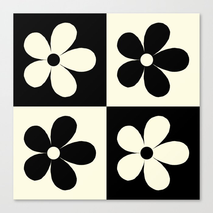 Black & Beige - Floral Checkerboard Canvas Print