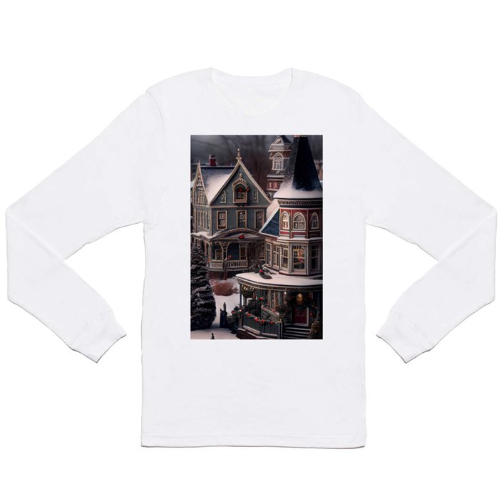Queen Anne Victorian house with porch and turret and idyllic storybook winter neighborhood scene landscape painting by Prompart Long Sleeve T Shirt