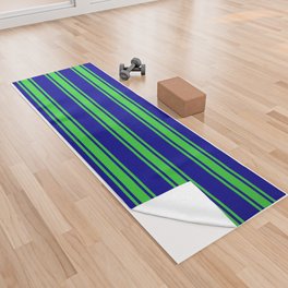[ Thumbnail: Dark Blue and Lime Green Colored Stripes/Lines Pattern Yoga Towel ]