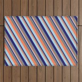 [ Thumbnail: Coral, Light Blue, Midnight Blue & Gray Colored Lines Pattern Outdoor Rug ]