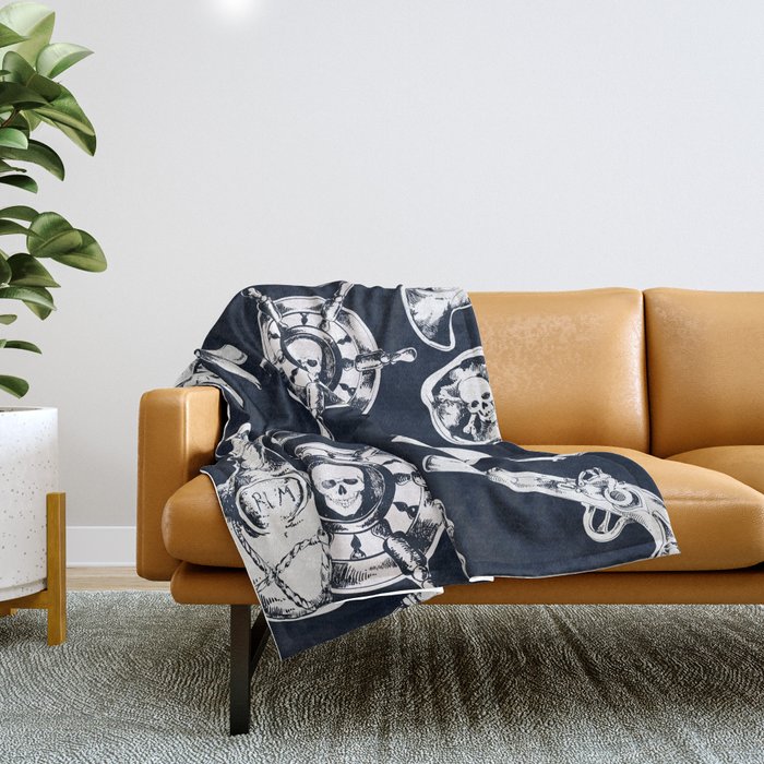 Navy Blue Pirate Pattern Throw Blanket