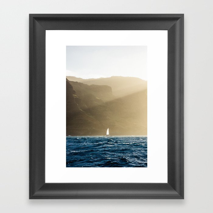 Na Pali Coast Hawaii Sunset Sailboat  Framed Art Print