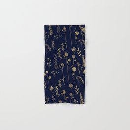 Hand drawn gold cute dried pressed flowers illustration navy blue Hand & Bath Towel