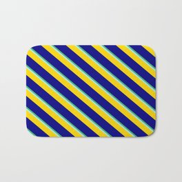 [ Thumbnail: Sea Green, Turquoise, Yellow & Blue Colored Stripes Pattern Bath Mat ]