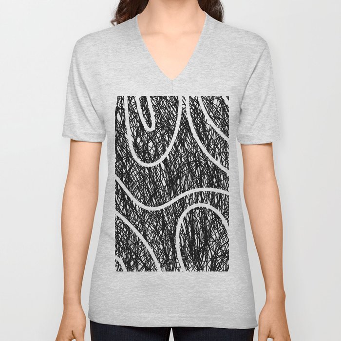 Scribble Ripples - Abstract Black and White Ink Scribble Pattern V Neck T Shirt