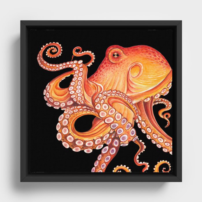 Red Orange Octopus Tentacles Kraken on Black Watercolor Art Framed Canvas