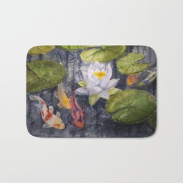 Koi Fishes and Water Lily in Lake Bath Mat | Fish, Painting, Lake, Watercolor, Gold, Art, Golden, White, Reflexion, Koifishes 