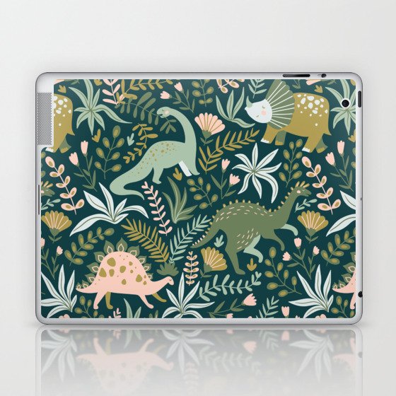 Dinosaurs with tropical leaves and flowers. Cute dino hand drawn illustration pattern. Cute dino design. Laptop & iPad Skin
