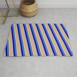 [ Thumbnail: Royal Blue, Dark Blue, Tan & Light Cyan Colored Stripes/Lines Pattern Rug ]