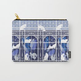 Indoor cat garden // oxford navy blue background blue plants white cat silhouettes and cast-iron greenhouse architecture Carry-All Pouch