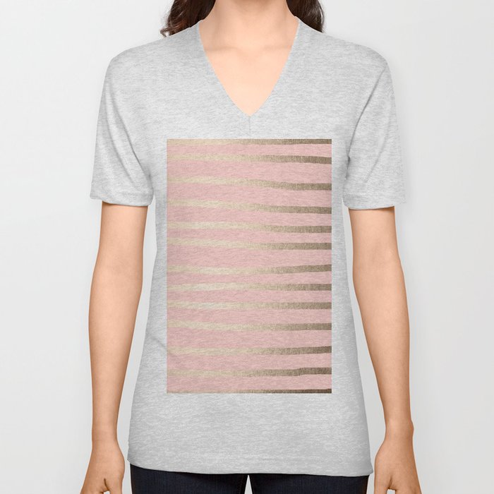 Abstract Drawn Stripes Gold Coral Light Pink V Neck T Shirt