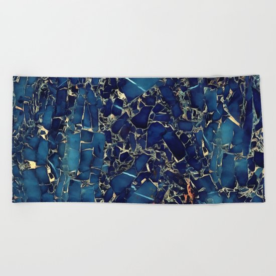 Dark blue stone marble abstract texture with gold streaks Beach Towel