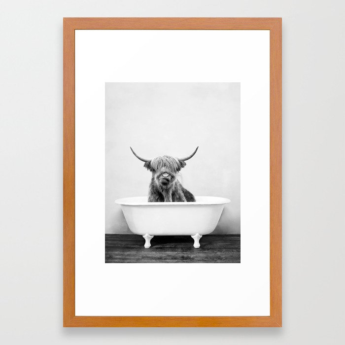 Highland Cow in a Vintage Bathtub (bw) Framed Art Print by