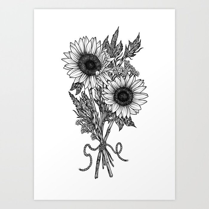 Black White Stippling Dot Work Sunflower Floral Print Art Print