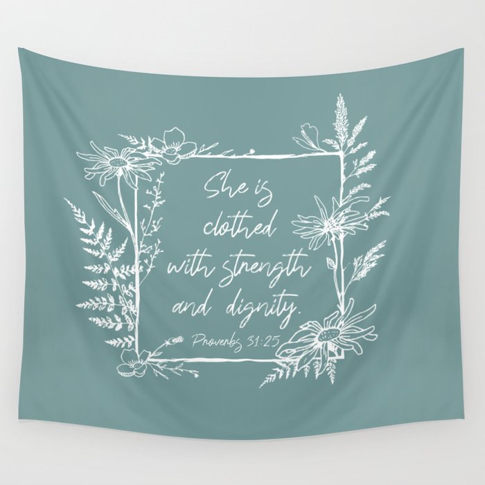 She Is Clothed Wildflower Frame Bible Verse Wall Tapestry