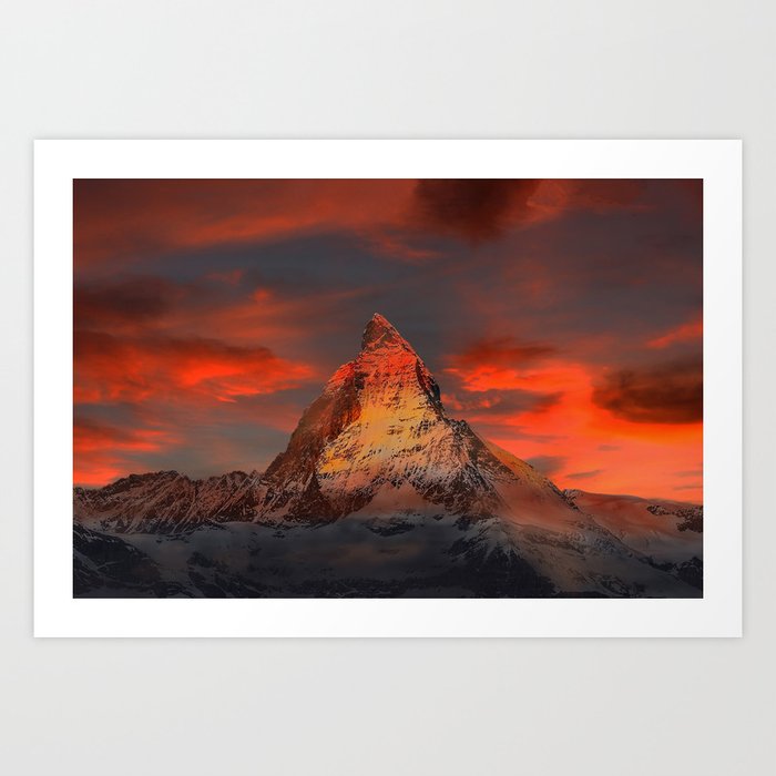 Rose red sunset, the Matterhorn, Swiss Alps, Switzerland color landscape photographic art print 3 by 2 format version Art Print