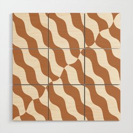 Retro Wavy Abstract Swirl Lines in Brown & White Wood Wall Art