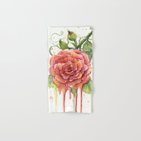 Red Rose Dripping Watercolor Flower Hand & Bath Towel