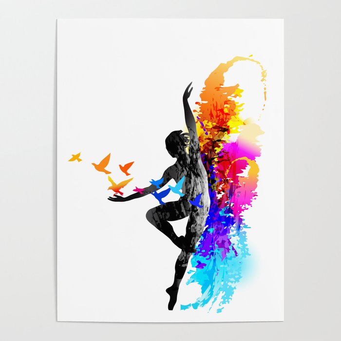 Ballet dancer dancing with flying birds Poster